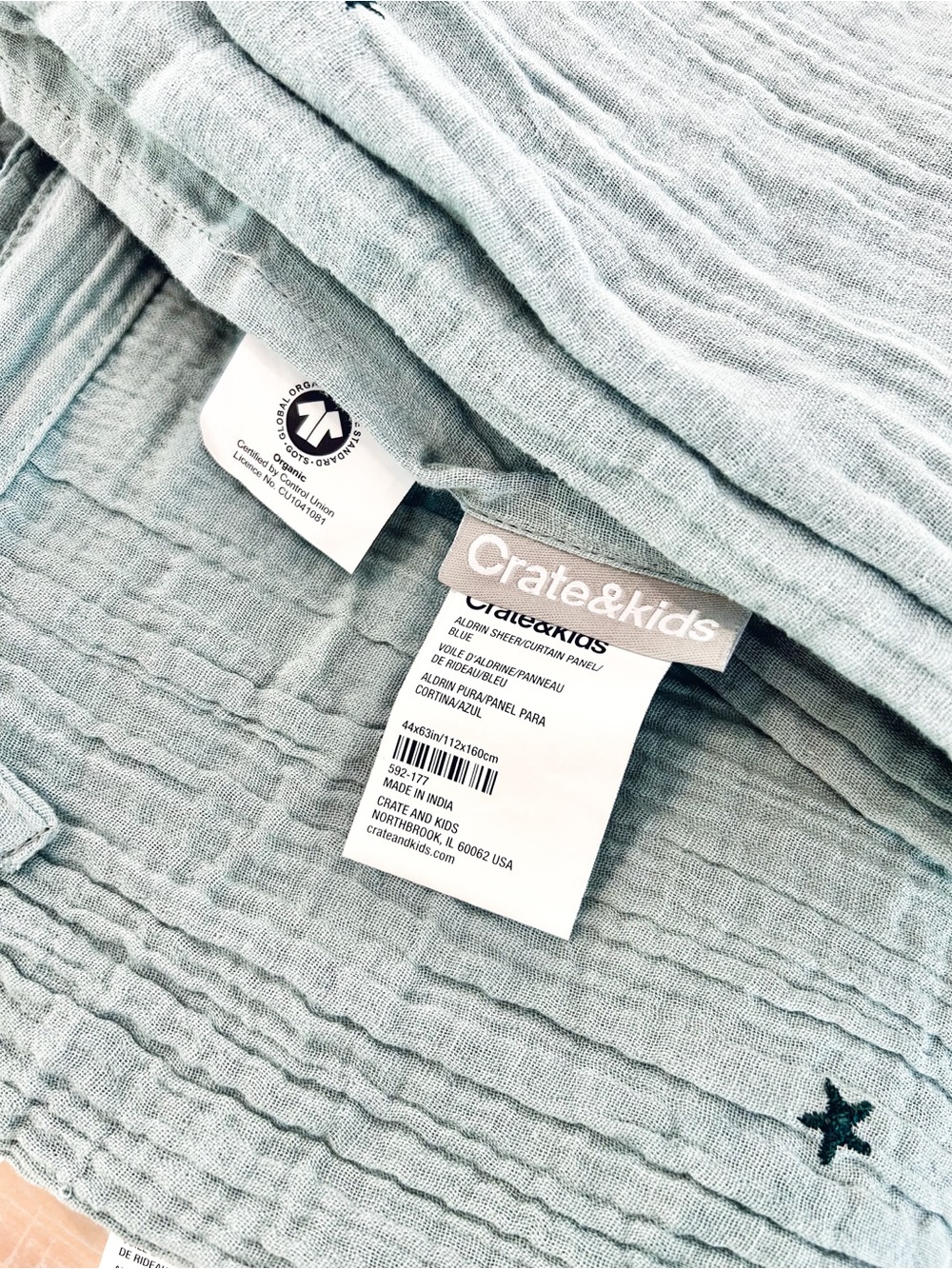 NWOT Crate&Kids Aldrin Organic Cotton Star Sheer Curtain Panel - Blue (Set of 2)